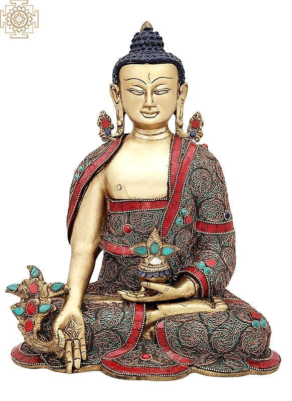 13" Tibetan Buddhist Healing Buddha | Medicine Buddha | Inlay Work with Copper Wire | Brass Statue | Handmade | Made In India