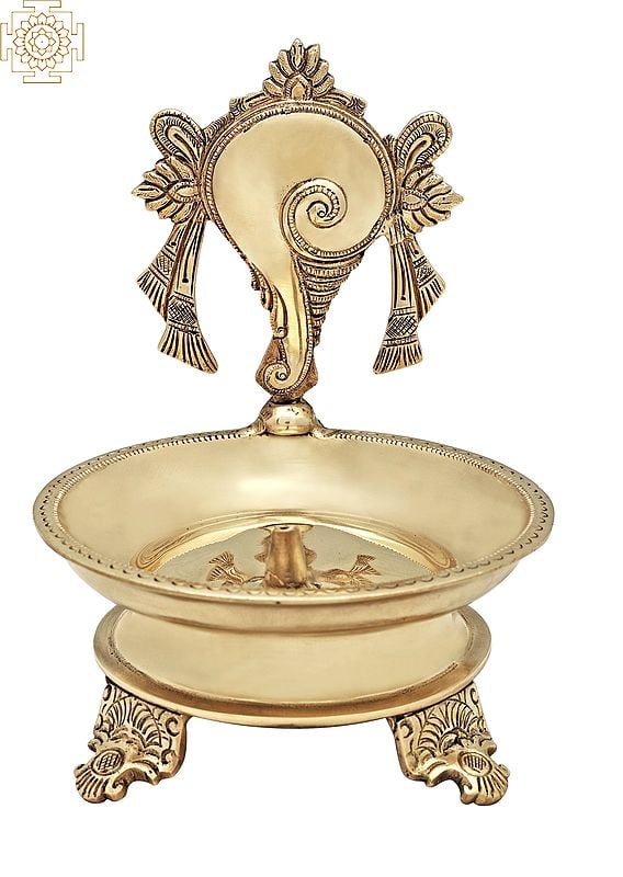 7" Superfine Conch Wick Lamp (Vaishnava Symbol) | Brass Lamp | Handmade | Made In India