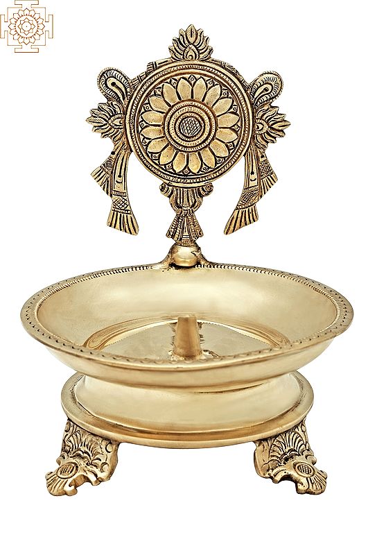 7" Superfine Chakra Wick Lamp (Vaishnava Symbol) | Brass Lamp | Handmade | Made In India