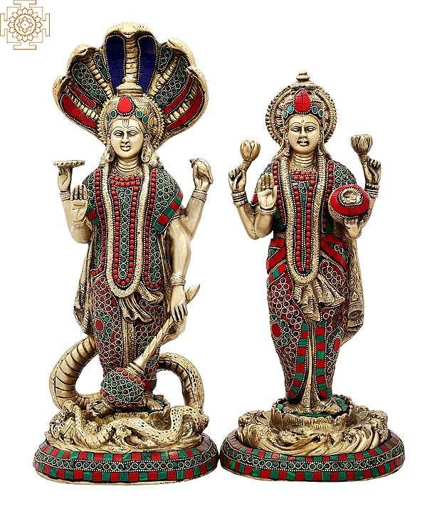 18" Lord Vishnu and Lakshmi Ji (Pair) | Inlay Work | Brass Statue | Handmade | Made In India