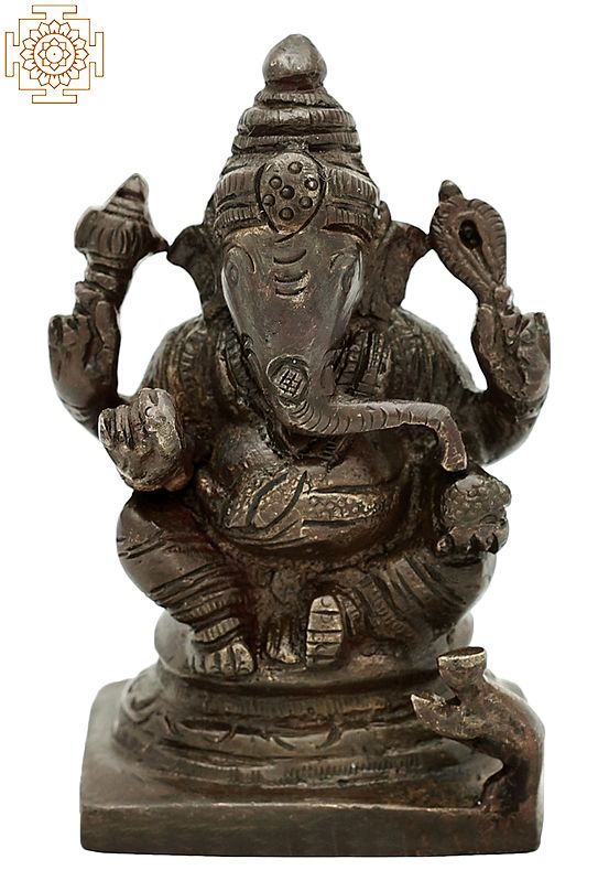 3.5" Small Ganesha Idol Seated on Pedestal | Lord Ganesha Brass Statue