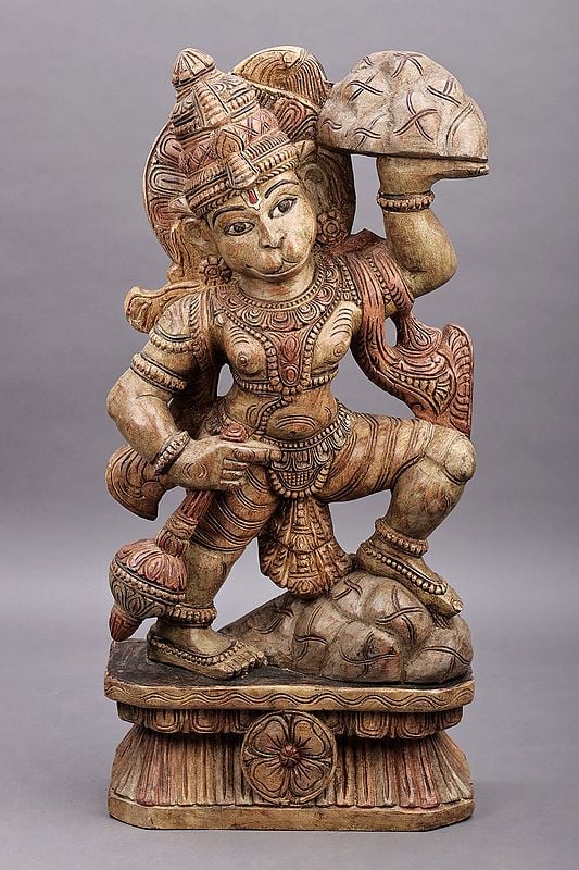 36" Large Veer Hanuman Ji Lifting the Sanjeevani Mountain | Wood Veer Hanuman | Handmade Art | Made in South India
