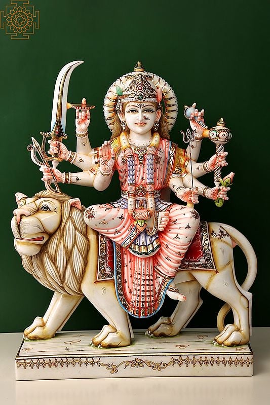 30" Superfine Maa Durga (Sherawali Maa) | White Marble | Handmade | Made In India