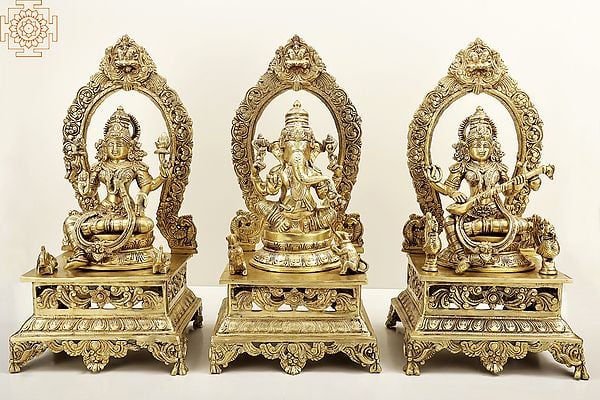 20" Lord Ganesha, Lakshmi and Saraswati | Brass Statue | Handmade | Made In India