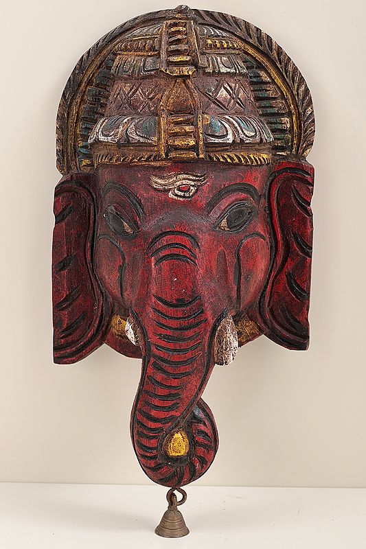 13" Lord Ganesha Wall Hanging Mask with Bell | Wooden Ganesha Wall Hanging | Handmade | Made In India