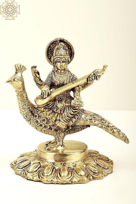 7" Gooddess Saraswati Seated on Peacock with Veena | Brass Goddess Saraswati | Brass Statue | Handmade | Made In India