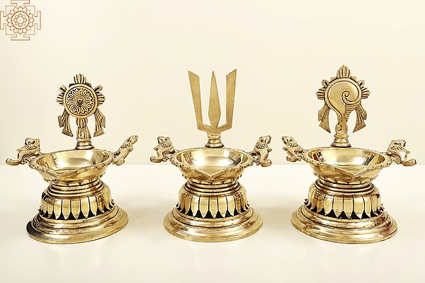 9" Superfine Vaishnava Symbols (Conch, Chakra and Trisul) Wick Lamp | Set of Three Wick Lamp | Brass Lamp | Handmade | Made In India