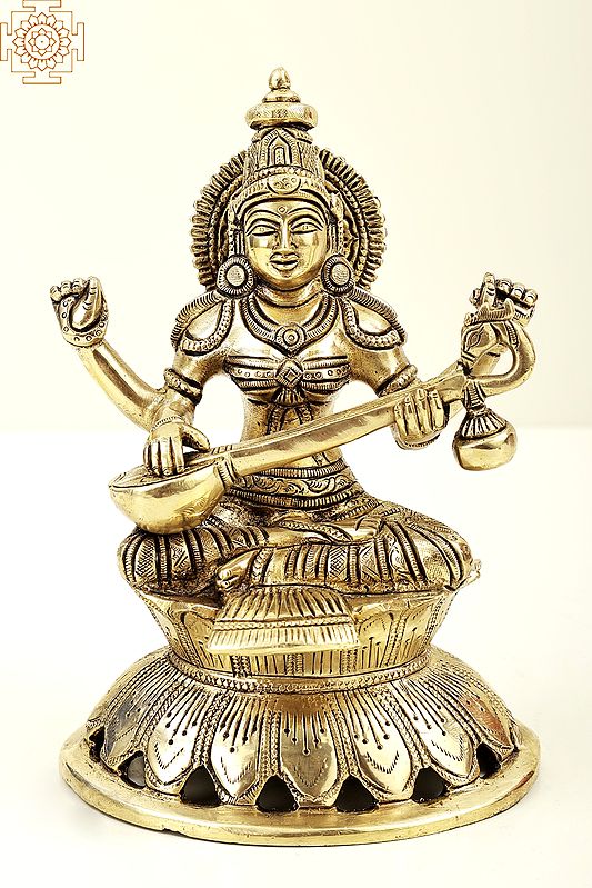8" Gooddess Saraswati Seated on Lotus with Veena | Brass Goddess Saraswati | Brass Statue | Handmade | Made In India