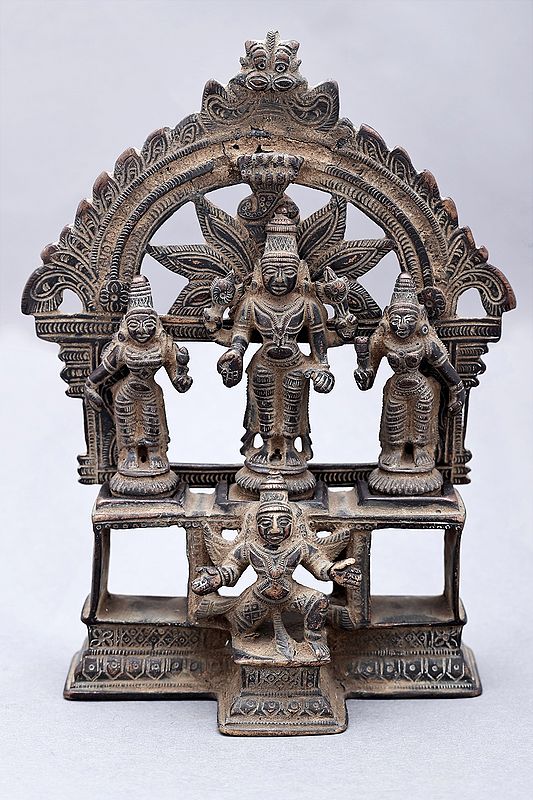 7" Garuda Kneeling with Vishnu,Shridevi, Bhudevi | Brass Statue | Handmade | Made In India