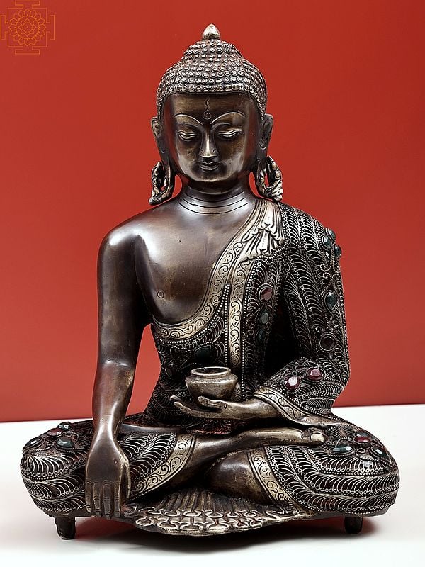 13" Bhumisparsha Buddha with Filigree Work in Brass | Handmade | Made In India