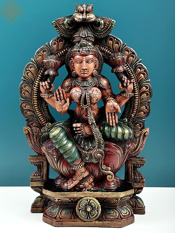 21” Wooden Goddess Lakshmi Showing Abhay Mudra with Kirtimukha prabhavali |Wall Hanging| Handmad