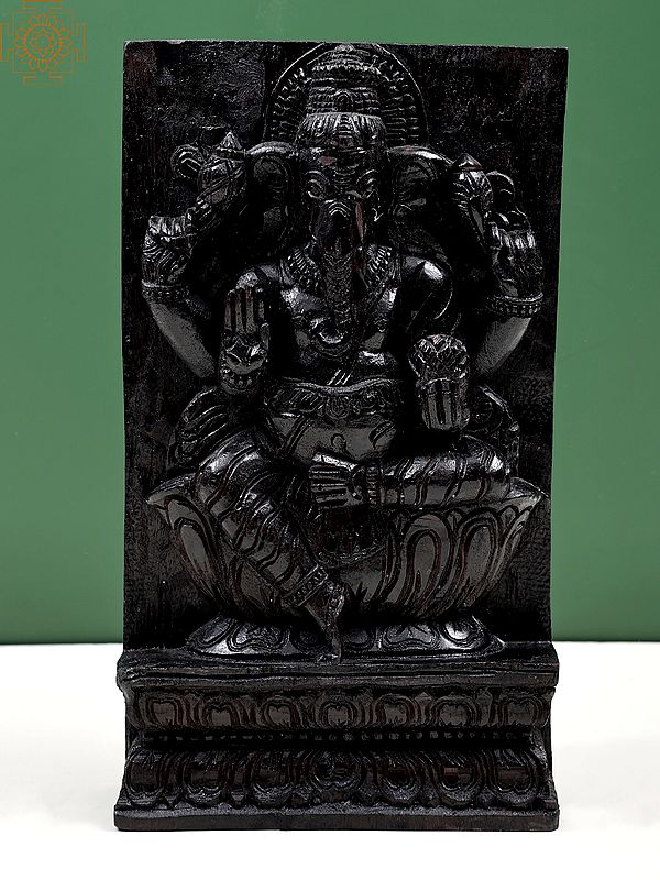 12" Lord Ganesha Idol Seated on Lotus | Wooden Wall Hanging Statue | Handmade