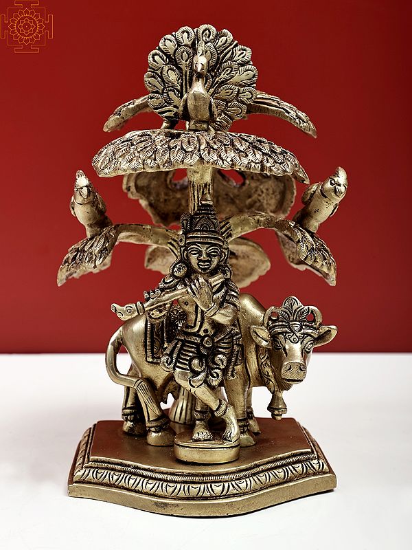 6" Lord Krishna Idol with Cow Under the Tree | Brass Krishna Statues | Handmade