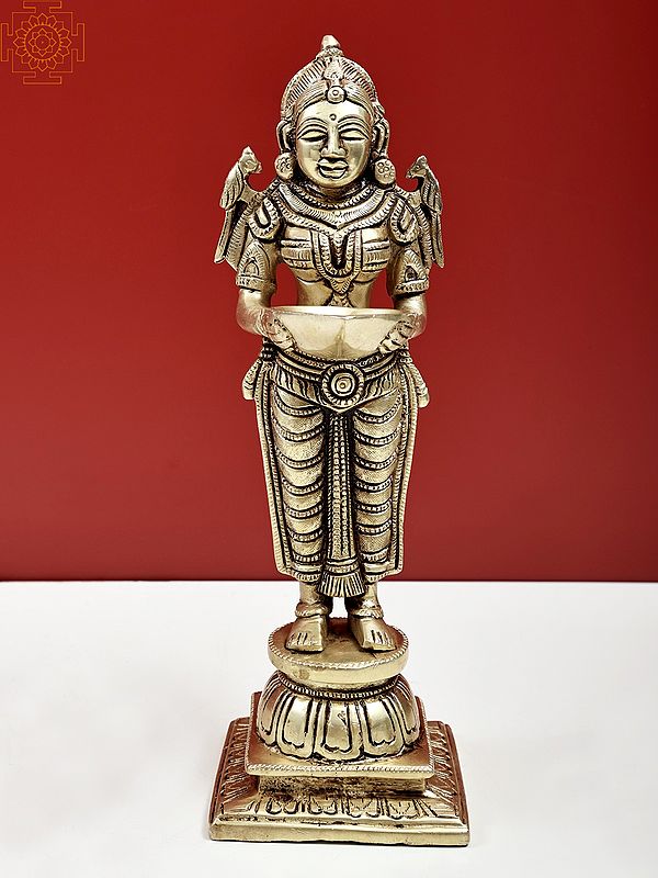 10"  Deeplakshmi with Parrot on Shaulders | Brass Statue | Handmade