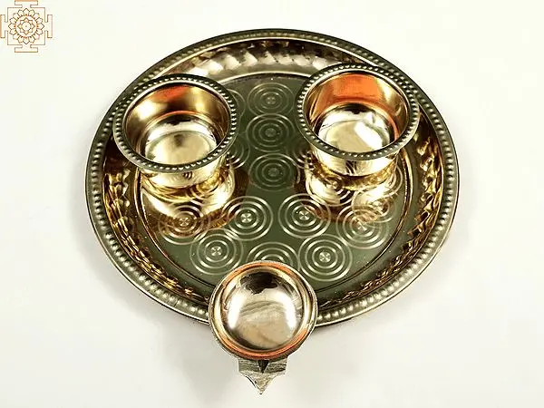10" Puja Thali with Attached Diya and Two Small Bowl In Brass | Handmade | Made In India