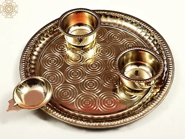 9" Puja Thali with Attached Diya and Two Small Bowl In Brass | Handmade | Made In India