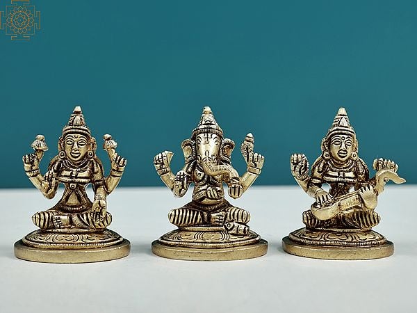 2" Small Ganesha Lakshmi and Saraswati (Set of Three Statues) in Brass | Handmade