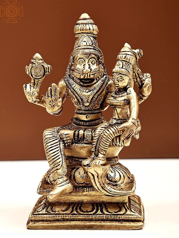 4" Small Lord Narasimha Statue with Goddess Lakshmi | Handmade Brass Idols