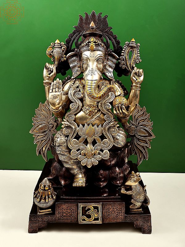 25" Brass Lotus Ganesha Sculpture | Handmade Brass Statue