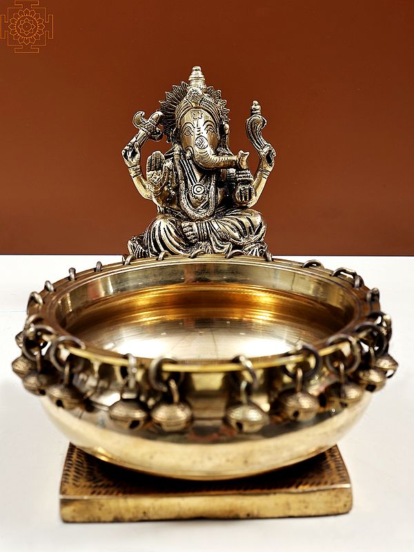 11" Brass Lord Ganesha with Urli | Handmade