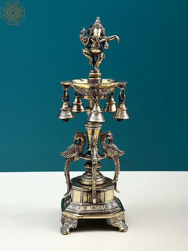 13" Dancing Ganesha Lamp with Peacock and Bells | Handmade