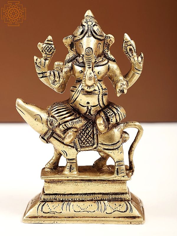 4" Brass Small Ganesha Idol Seated on Mouse | Handmade