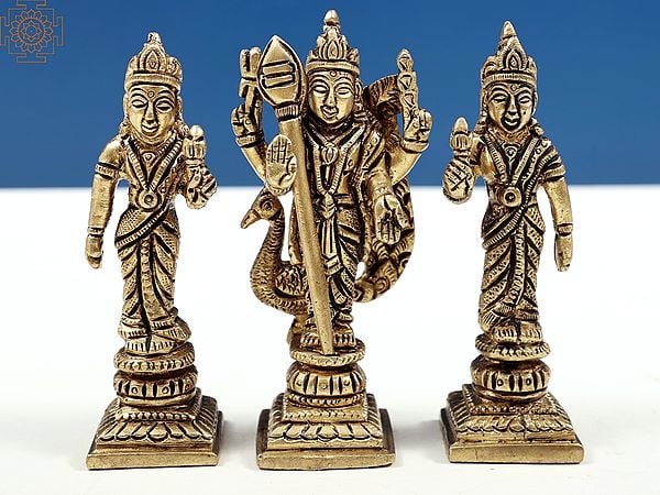 4" Brass Warrior God Karttikeya With Devasena And Valli | Handmade
