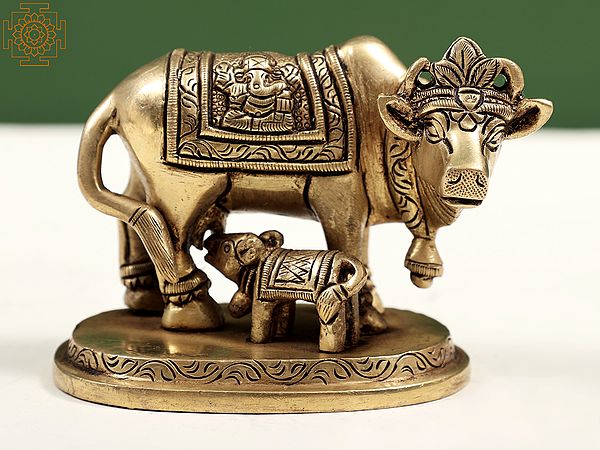 3" Small Holy Mother Cow with Her Calf | Handmade Brass Statues