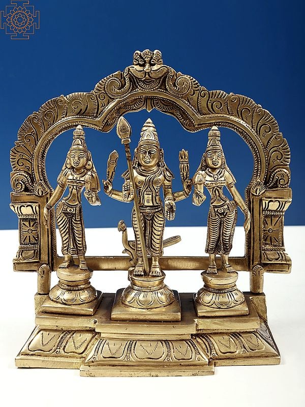 8" Karttikeya With Devasena And Valli (Murugan) Brass Set | Handmade