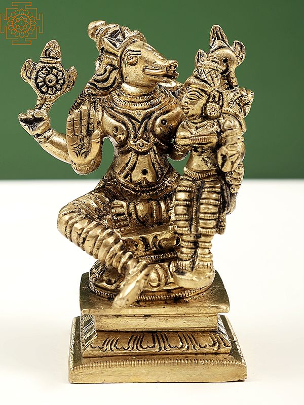 4" Lord Vishnu as Varaha Avatar with Goddess Lakshmi Sitting on His Lap | Handmade