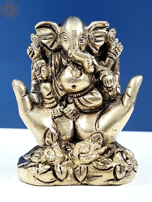 Fine Brass Statue of Four Armed Lord Ganesha Seated on The Palm of a Hands | Handmade