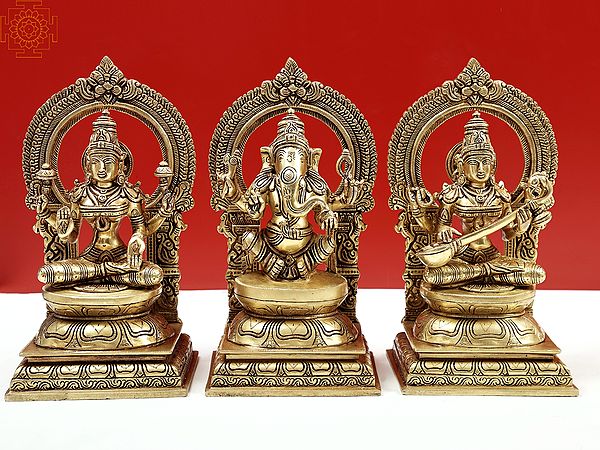 10" Brass Statues of Goddess Lakshmi Ganesha and Saraswati | Handmade