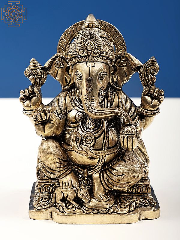 5" Fine Brass Four Armed Seated Ganesha | Handmade