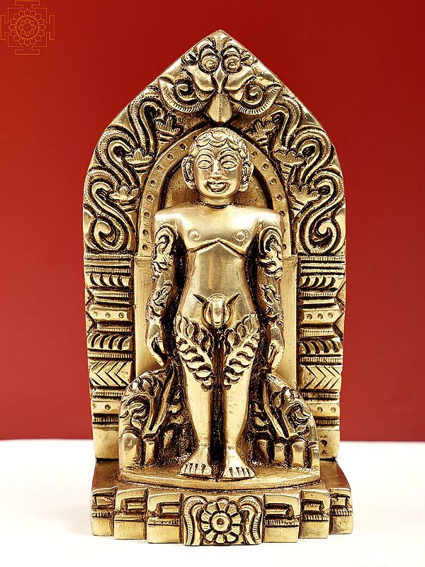 5" Brass Statue of Bhagawan Mahavir Standing on Kirtimukha Throne