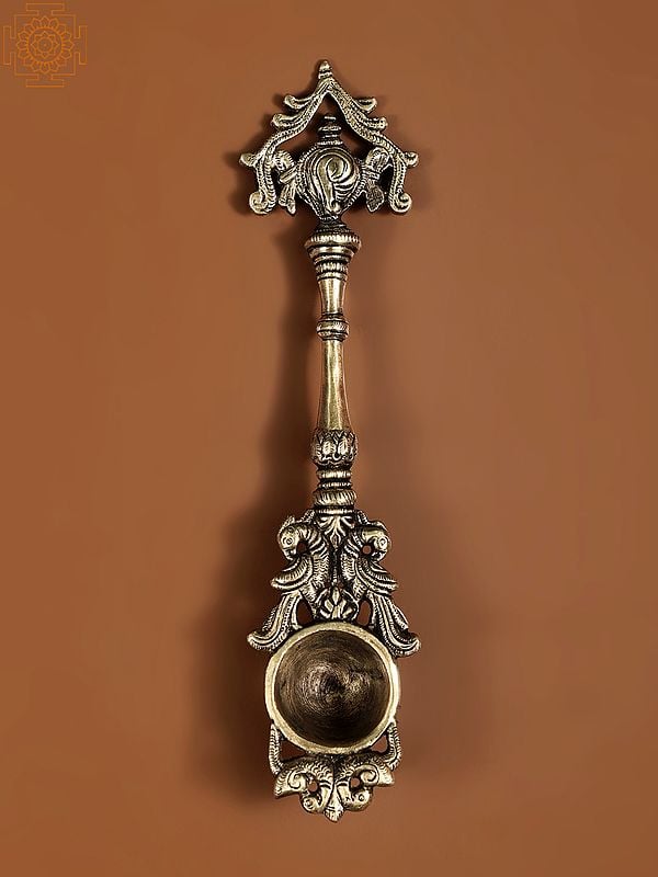 9" Conch Ritual Spoon with Peacock Pair in Brass | Handmade