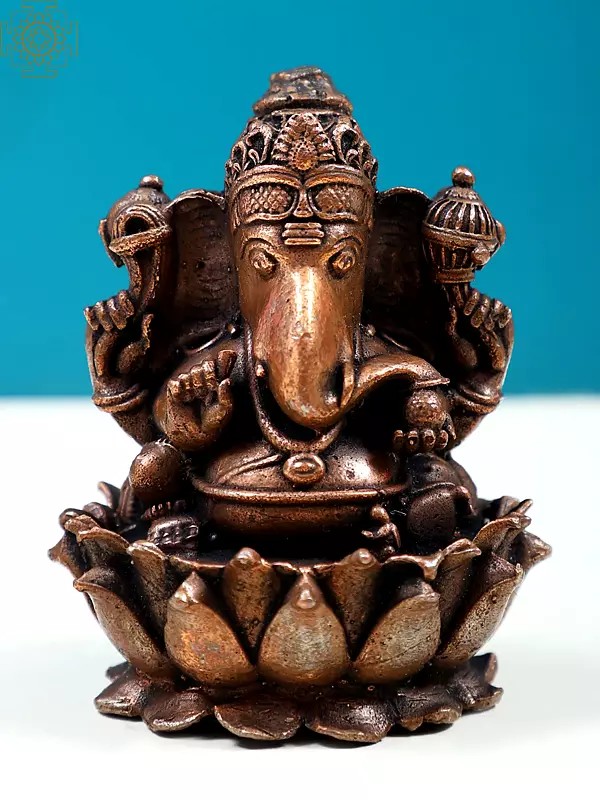 3" Small Copper Lord Ganesha Idol on Lotus | Handmade