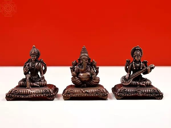 2" Small Copper Statues of Goddess Lakshmi Ganesha and Saraswati | Handmade