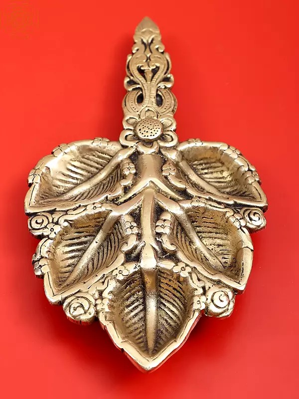 9" Leaf Design Hand-Held Puja Panch Aarti Diya | Handmade