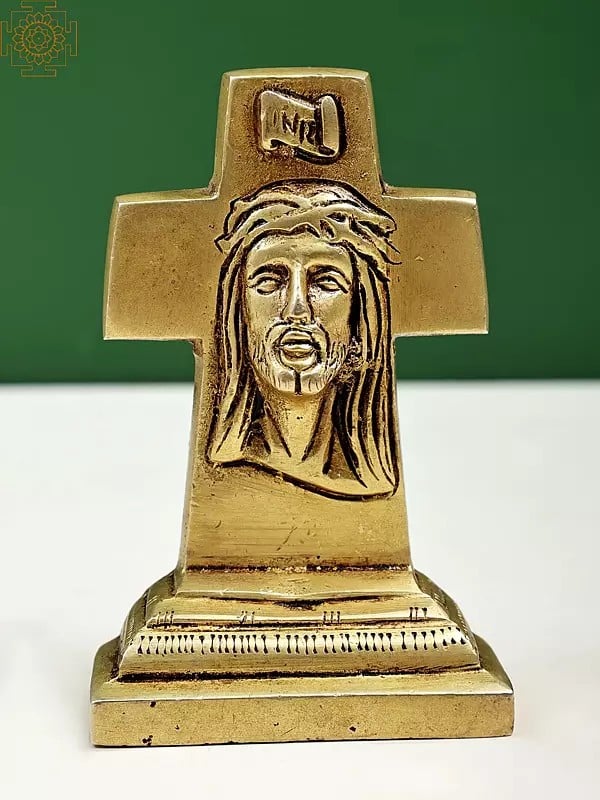 4" Brass Jesus Christ Face on Cross | Handmade