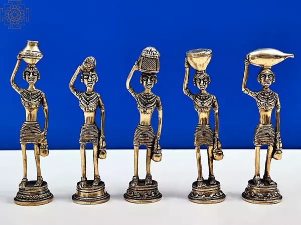 7" Brass Tribal Ladies Statue Set | Handmade