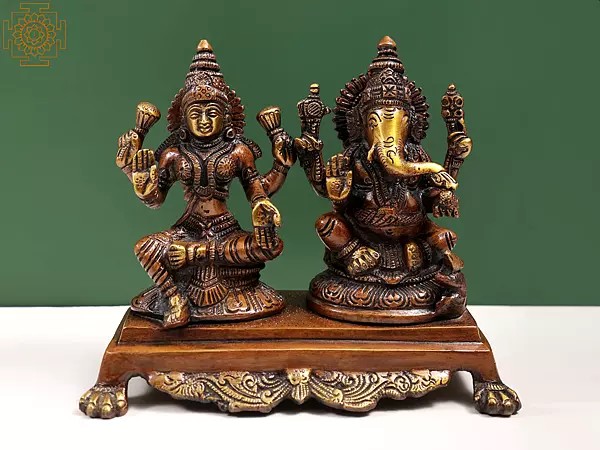 7" Shri Lakshmi Ganesha In Brass | Handmade