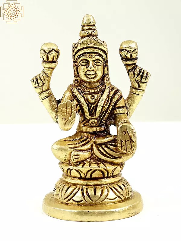 3" Small Goddess Lakshmi Brass Statue Sitting on Pedestal | Handmade