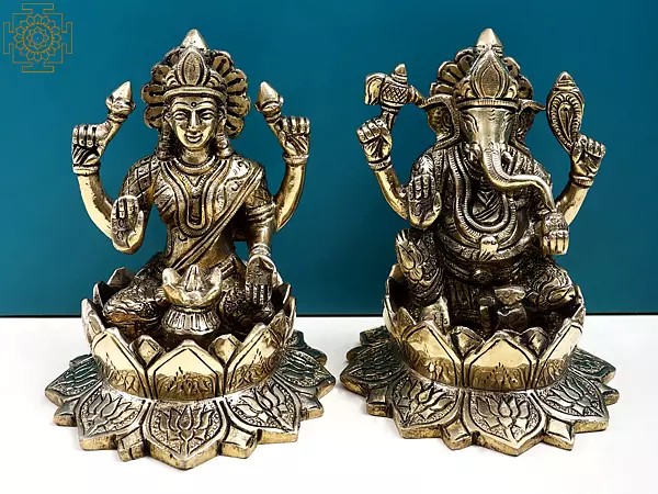 5" Small Brass Blessing Lakshmi Ganesha Sitting on Lotus Statue | Handmade