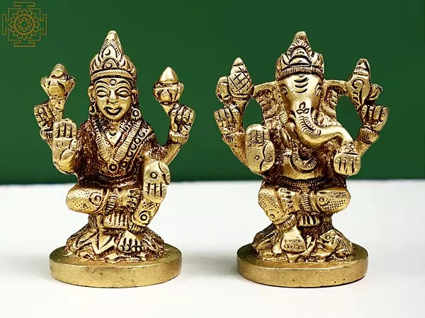 2" Small Brass Pair of Lakshmi and Ganesha | Handmade