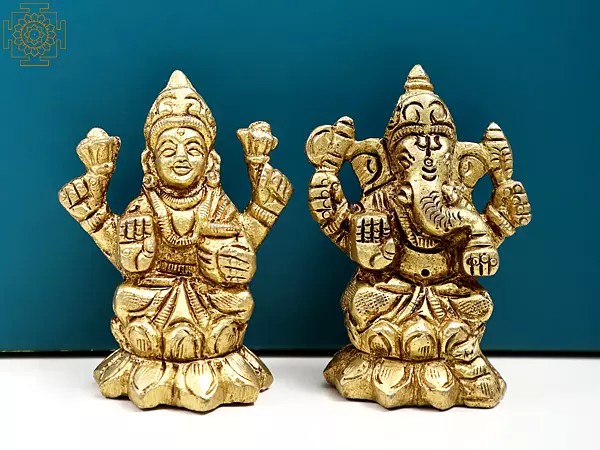 2" Small Lord Ganesha and Goddess Lakshmi Brass Statue | Handmade