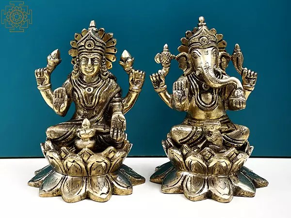 4" Small Brass Lakshmi Ganesha Sitting on Lotus Statue | Handmade