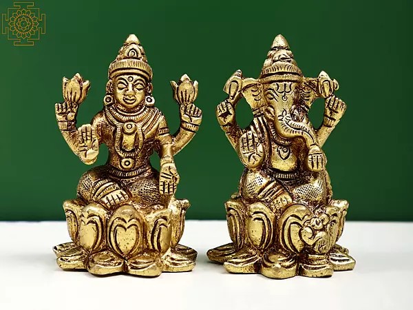 2" Small Brass Goddess Lakshmi Lord Ganesha Statue | Handmade