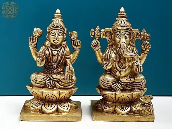 4" Small Lakshmi Ganesha Sitting on Lotus Pedestal | Handmade