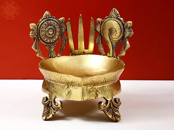 6" Brass Shankh Chakra Namah Diya | Handmade