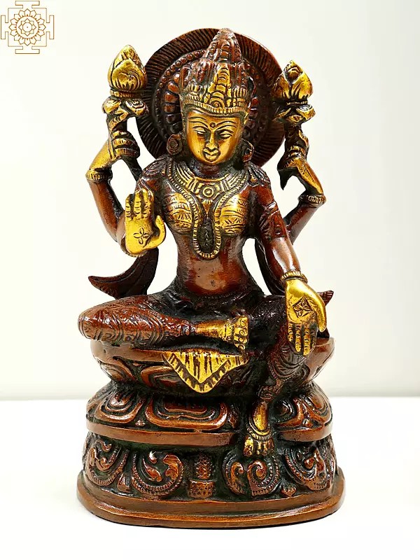 7" Brass Blessing Goddess Lakshmi Seated on Pedestal | Handmade